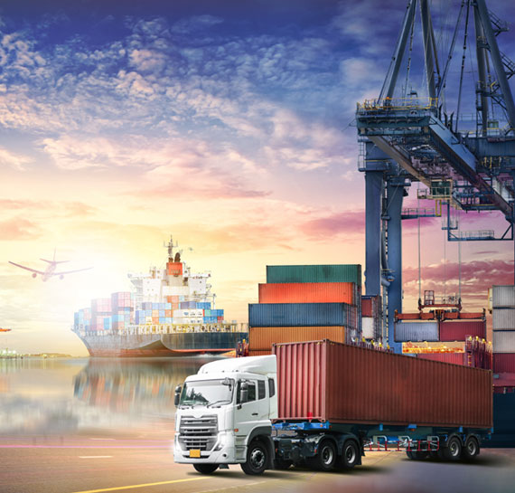 about us image of truck, ship and airplane